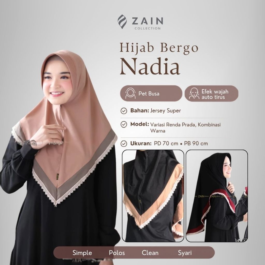Zain Collection - Nadia Hijab Bergo Pet Busa Kombinasi Warna Renda Prada Jersey Super Original