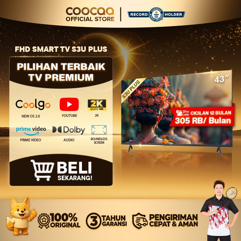 [NEW]COOCAA 43 inch S3U PLUS - Coolita 3.0 - Smart TV - Youtube/ Prime Video - Dolby Audio (COOCAA 4
