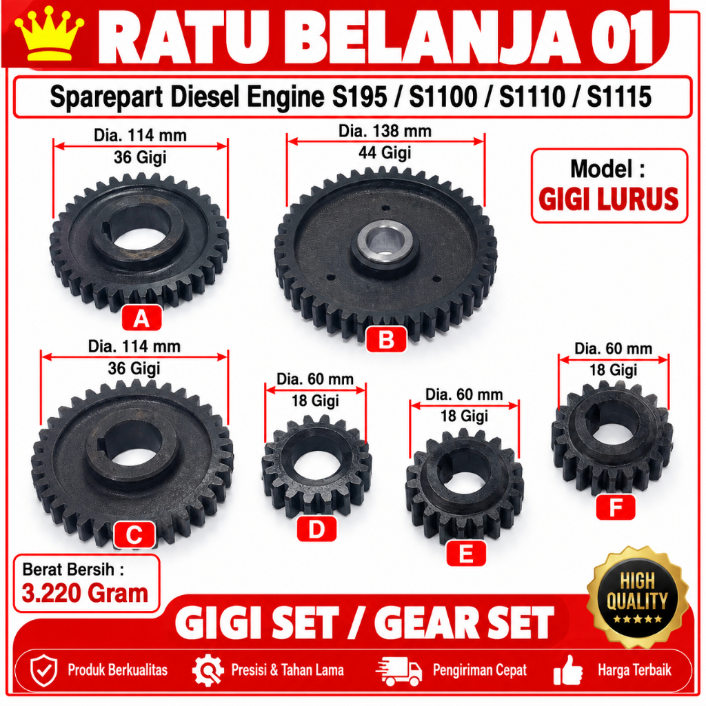S195 / S1100 / S1110 / S1115 GEAR SET LURUS HITAM / GIGI SET / GEAR SET KUMPLIT UNTUK MESIN DIESEL