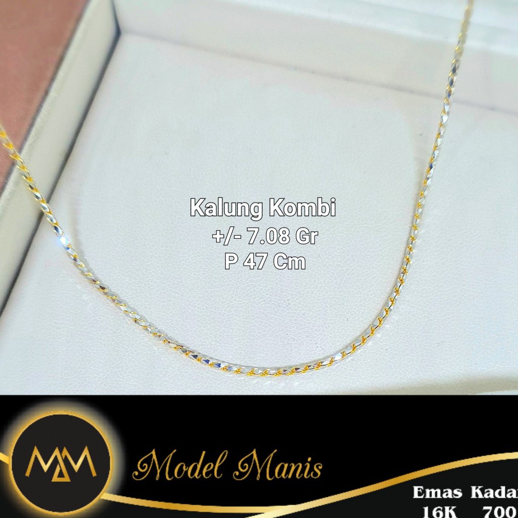 Kalung tambang ulir solid emas putih kombinasi kuning 700 kadar 16k