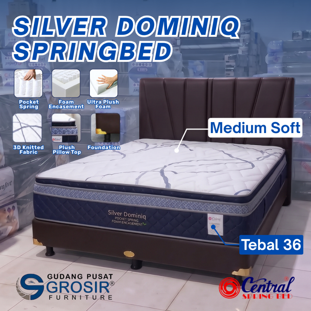 Kasur Springbed CENTRAL Silver Dominiq Pocket Spring Fullset Divan Spring Bed Medium Soft Plush Pill