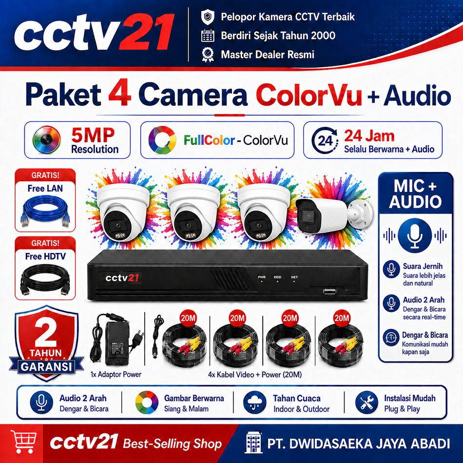 Paket Lengkap 4 Camera Colorvu 5MP 3+1iOutdoor Platinum Tech 24 Jam Berwarna DVR 4CH 5MP Kabel 80M H