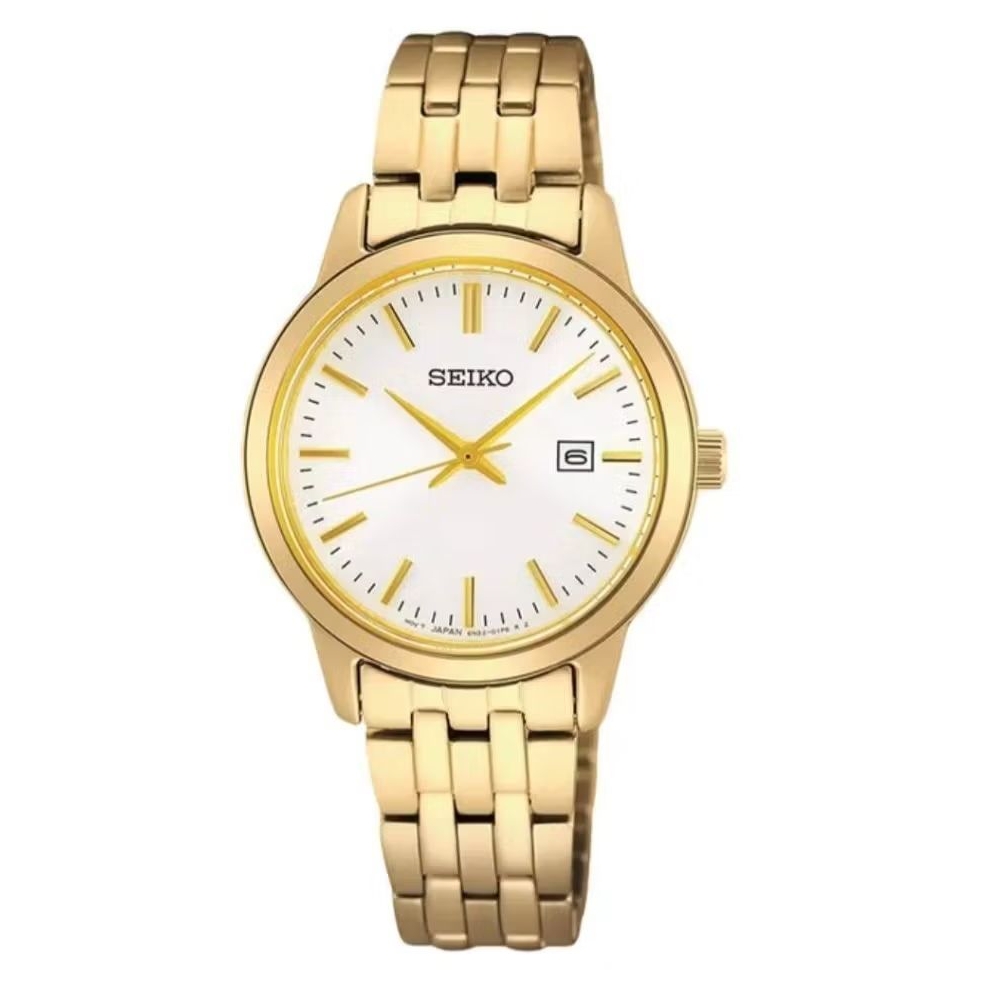 Jam Tangan Wanita Seiko Classic SUR412P1 Quartz Silver Dial Gold Tone Stainless Steel SUR412
