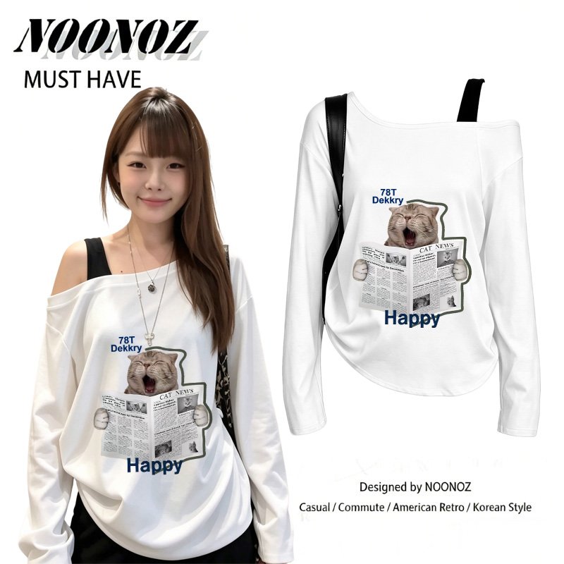 NOONOZ.Atasan Sabrina Lengan Panjang Wanita Motif Kucing Lucu Baca Koran Happy Kaos Leher Turun Gaya