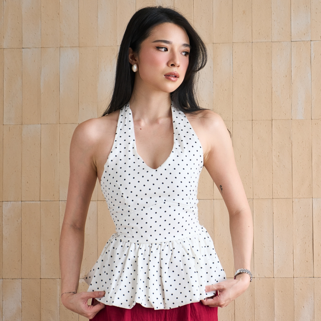 CLASSY Sienna Halter Polka Top | Atasan Wanita V-Neck Polkadot | Halter Top with Ruffle Hem | Peplum