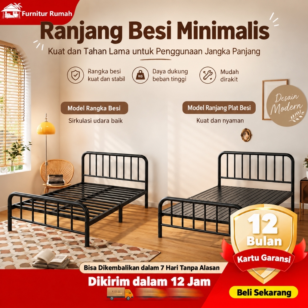 Dipan Kasur Elegan Ranjang Tidur Kamar Kos Dipan Kasur Rangka Besi Tidak Berisik