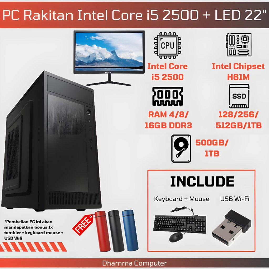 [SIAP PAKAI] Paket Lengkap PC Desktop i5 2500 Fullset Monitor 22" + WiFi + Keyboard Mouse - Komputer
