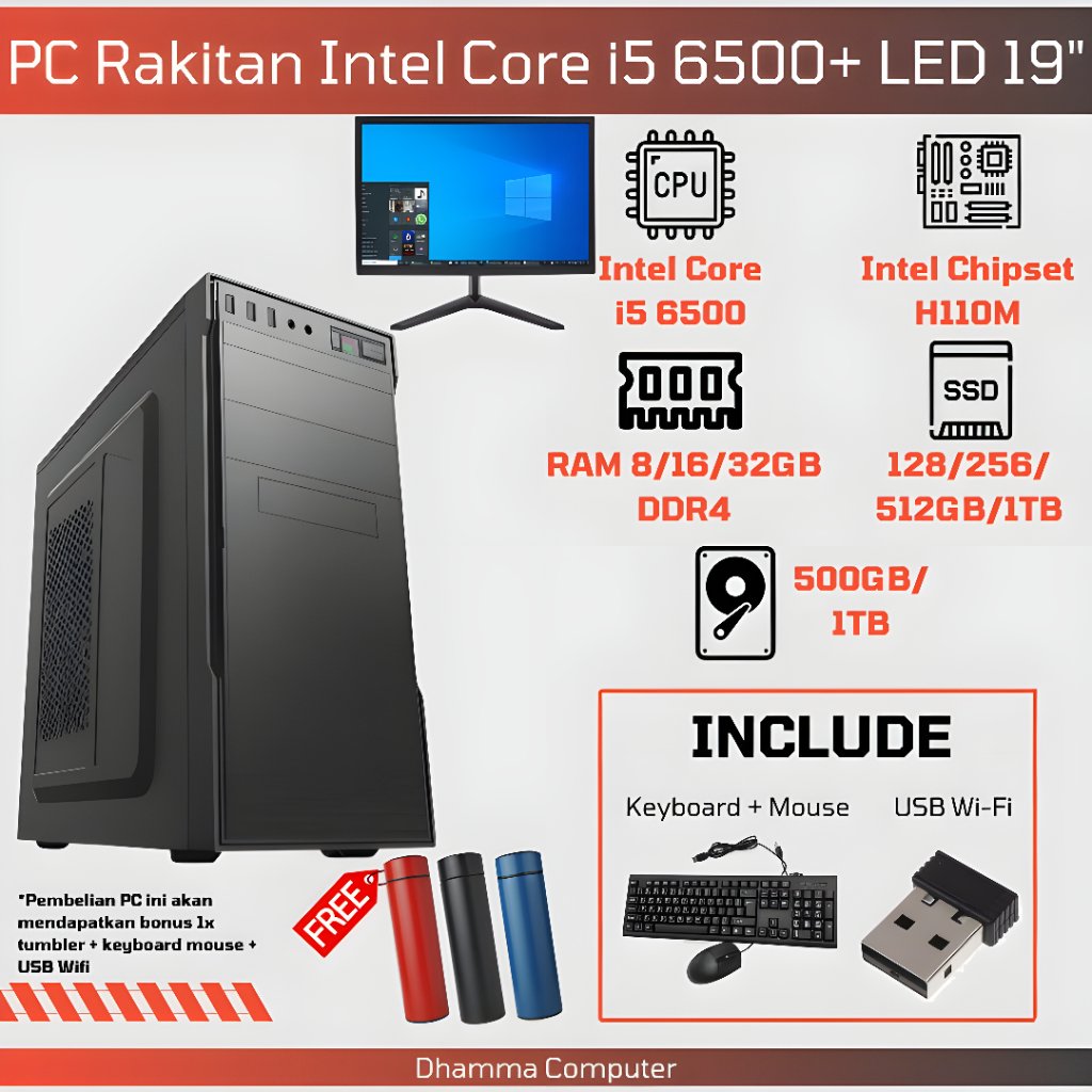 [SIAP PAKAI] Paket Lengkap PC Desktop i5 6500 DDR4 Fullset Monitor LED 19" + WiFi + Keyboard Mouse -