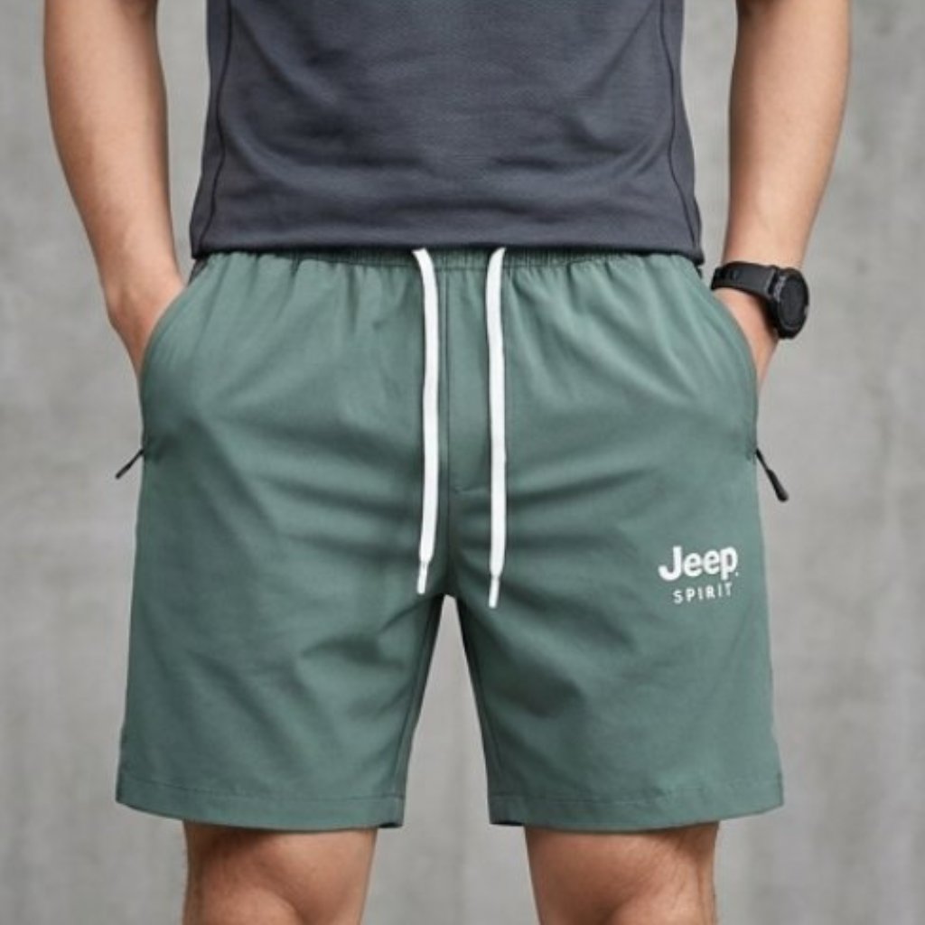 Celana Pendek Fashion Sport Pria JEEP Hijau Sage Saku Zipper Size XL