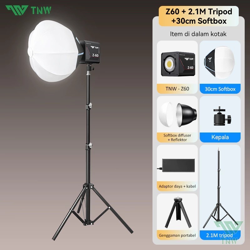 Preloved TNW Z60 Rechargable Led + 2.1 M Tripod + 30cm Softbox / Lighting 2800K-7500K Professional F