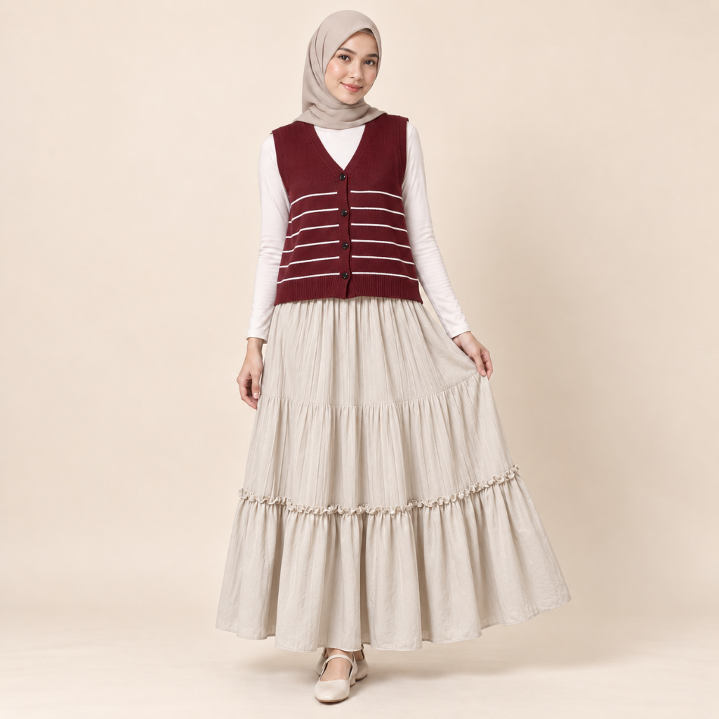 Haseena One Set 2 in 1 Kezia Vest Rajut Stripe Rok Plisket Susun Ruffle Wanita Casual
