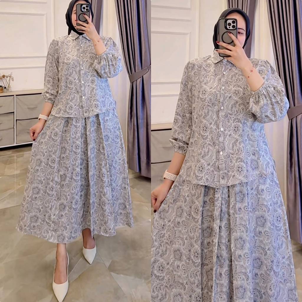 LIBUNCA - Setelan Rok Muslim Wanita Bahan Armani Silk Premium Motif Bunga Keong – Baju Kemeja + Rok 