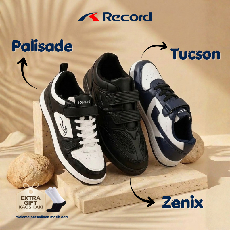 RECORD ZENIX SEPATU SNEAKER SEKOLAH ANAK TK SD SMP COWO CEWE FULL HITAM PUTIH PEREKAT 30-37 4-13TH
