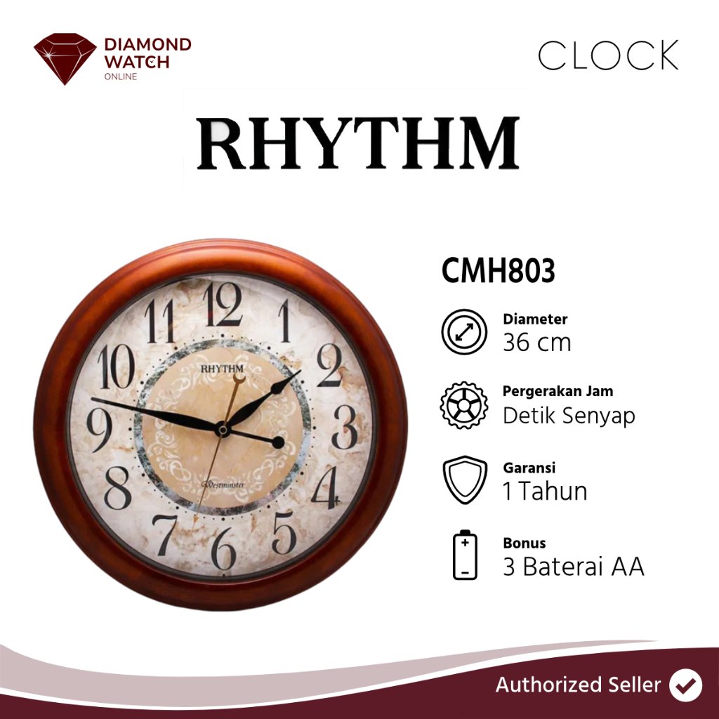 Jam Dinding Rhythm CMH803 Silent Silky 36cm