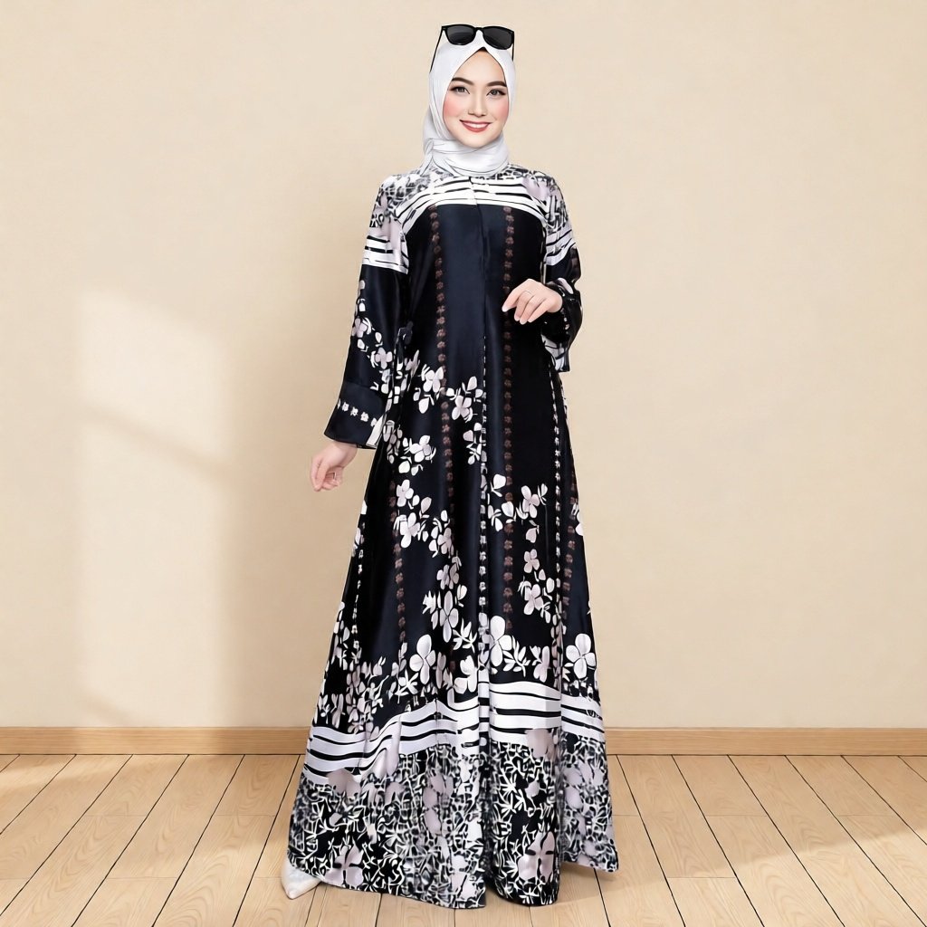 DACE - Gamis Silk Motif Jumbo Fashion Muslim Wanita Motif 048 Hitam Ungu dusty pink abu-abu