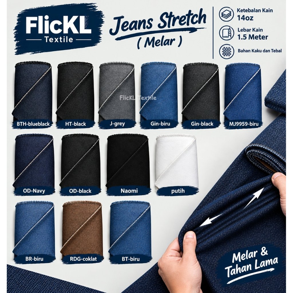 Bahan Kain Jeans Stretch Denim Melar Jeans Melar Raw Mentah Stretch Melar