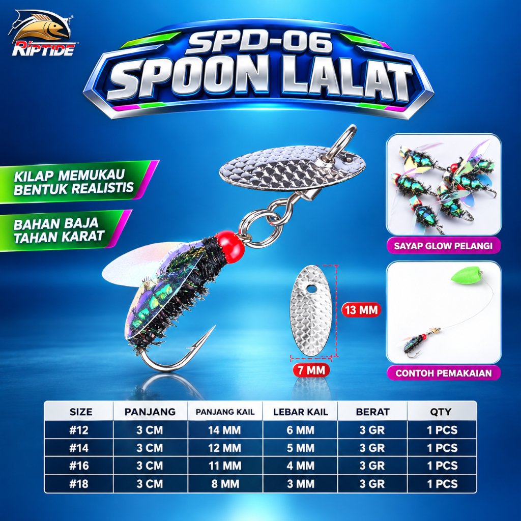 UMPAN PANCING SPOON LALAT RIPTIDE SPD-06 FLY FISHING LURE SAYAP GLOW PELANGI BAHAN BAJA ANTI KARAT S