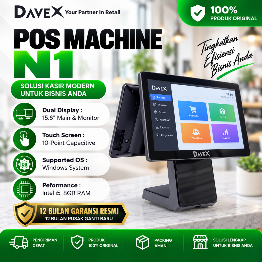 DaveX - POS N1 DUAL SCREEN / I5-3 / 8GB DDR / SSD 128GB / Mesin Kasir POS Touchscreen Dual Display
