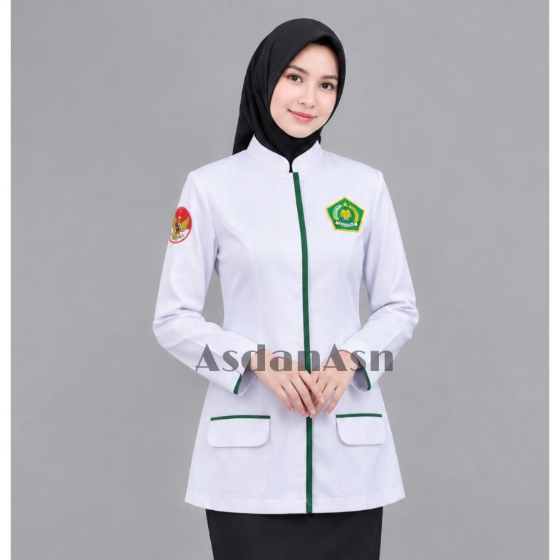 [ KEMENAG LIST HIJAU ] BAJU KEMENAG DINAS PUTIH WANITA list Hijau / Seragam Kerja Putih