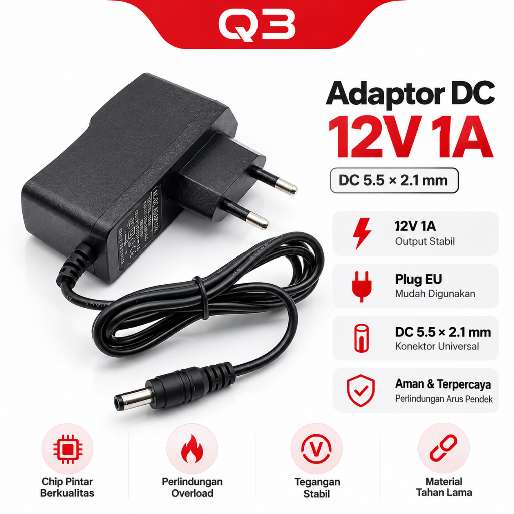 Adaptor 12V 1A DC Power Supply Jack 5.5mm x 2.1mm Untuk Modul Elektronik Speaker LED Router
