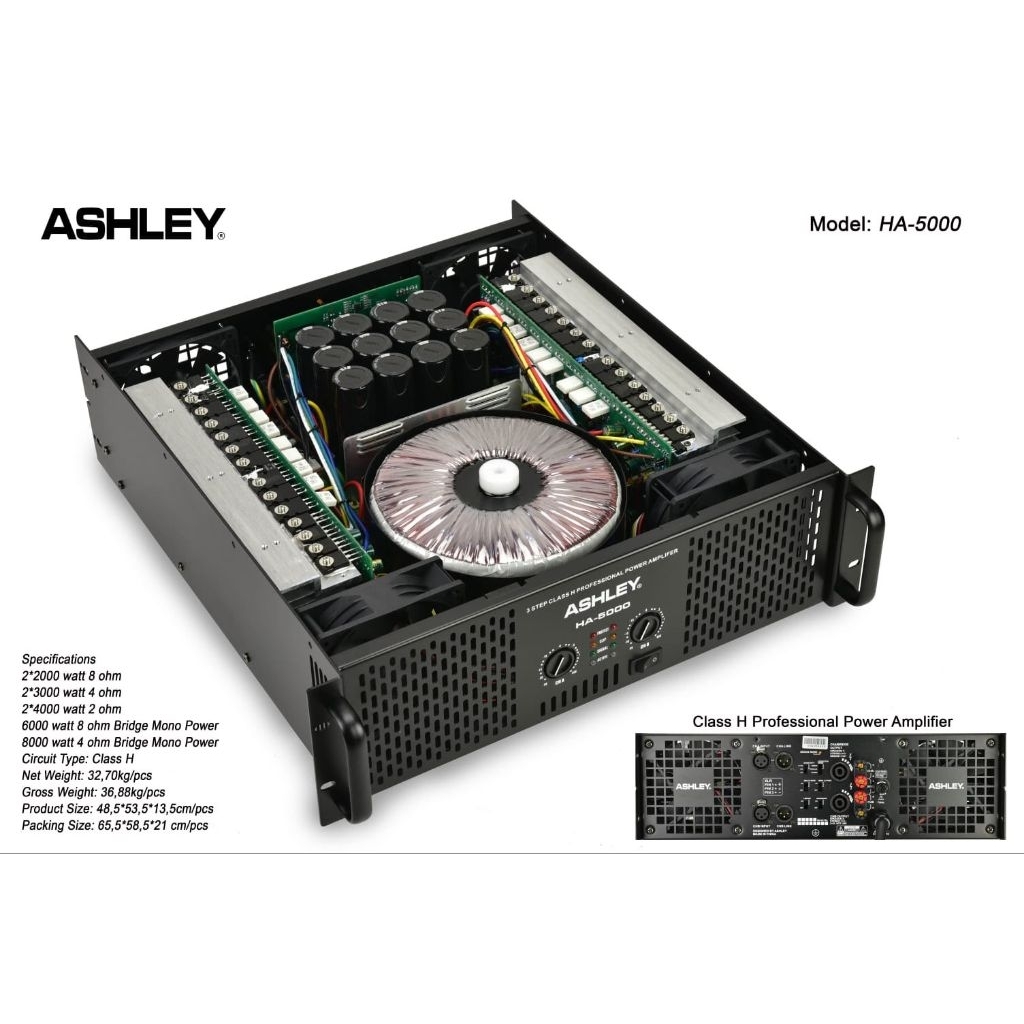 POWER AMPLIFIER ASHLEY 2 CHANNEL CLASS H 2000WATT ASHLEY HA5000 HA-5000 HA 5000 ORIGINAL BERGARANSI 