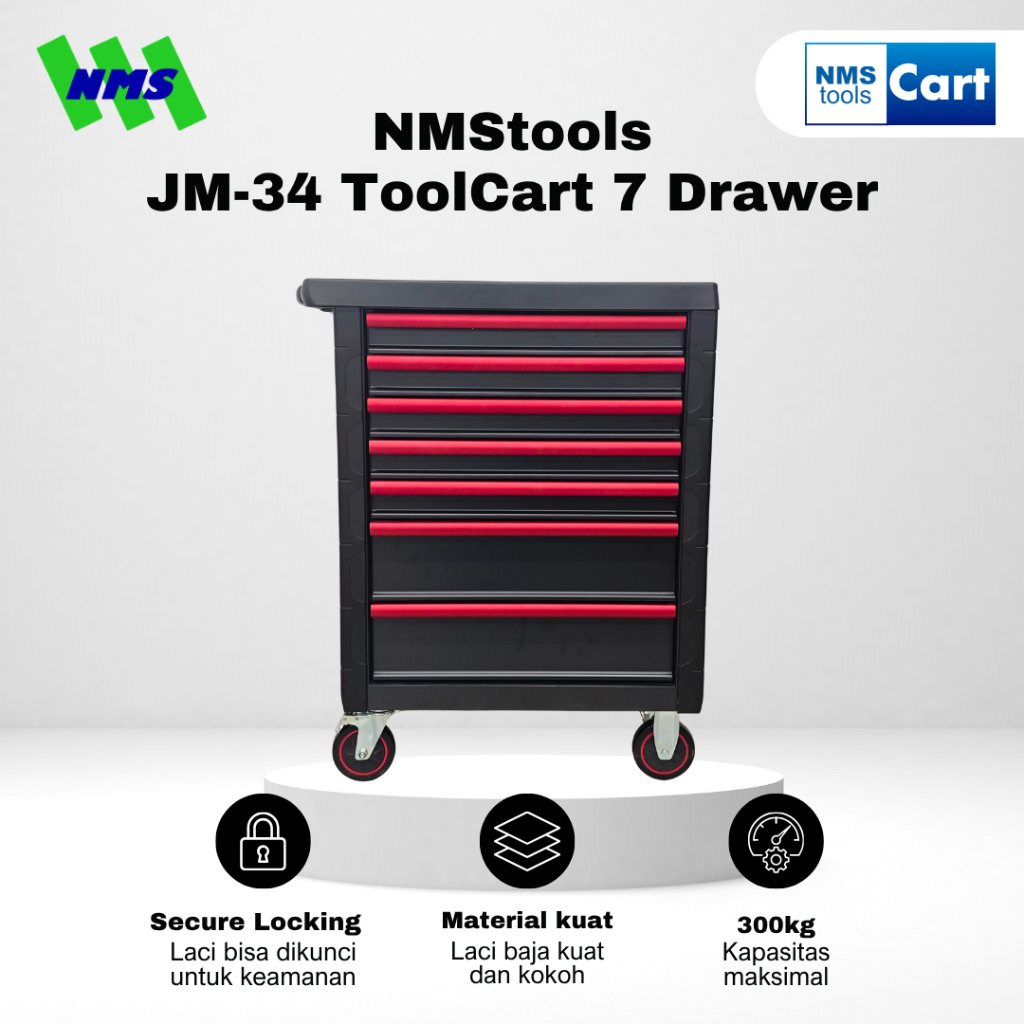 Troli Bengkel NMStools JM-34 Tool Box Cabinet Trolley 7 Drawer Meja Bengkel ABS Laci Perkakas Hitam 