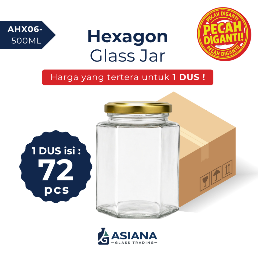 1 DUS ISI 72PCS | Hexagonal Glass Jar 500ml / Jar Kaca Segienam 500ml