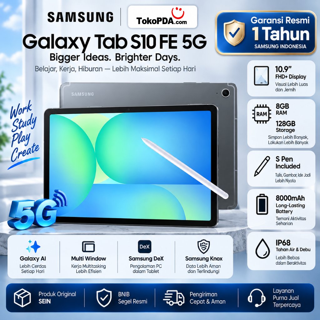 Samsung Galaxy Tab S10 FE 5G 8/128GB S PEN Tablet  S10FE 8GB 128GB BNIB Segel Garansi Resmi SEIN 1 T