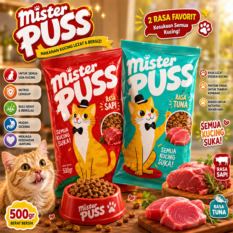 MAKANAN KUCING PERSIA ANGGORA HIMALAYA MAKANAN KUICNG MURAH MISTER PUSS 500GR