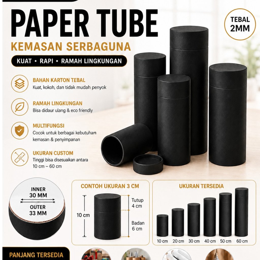 3.0 cm / paper tube HITAM  /paper tube flat / paper core / 1 set / tutup buka