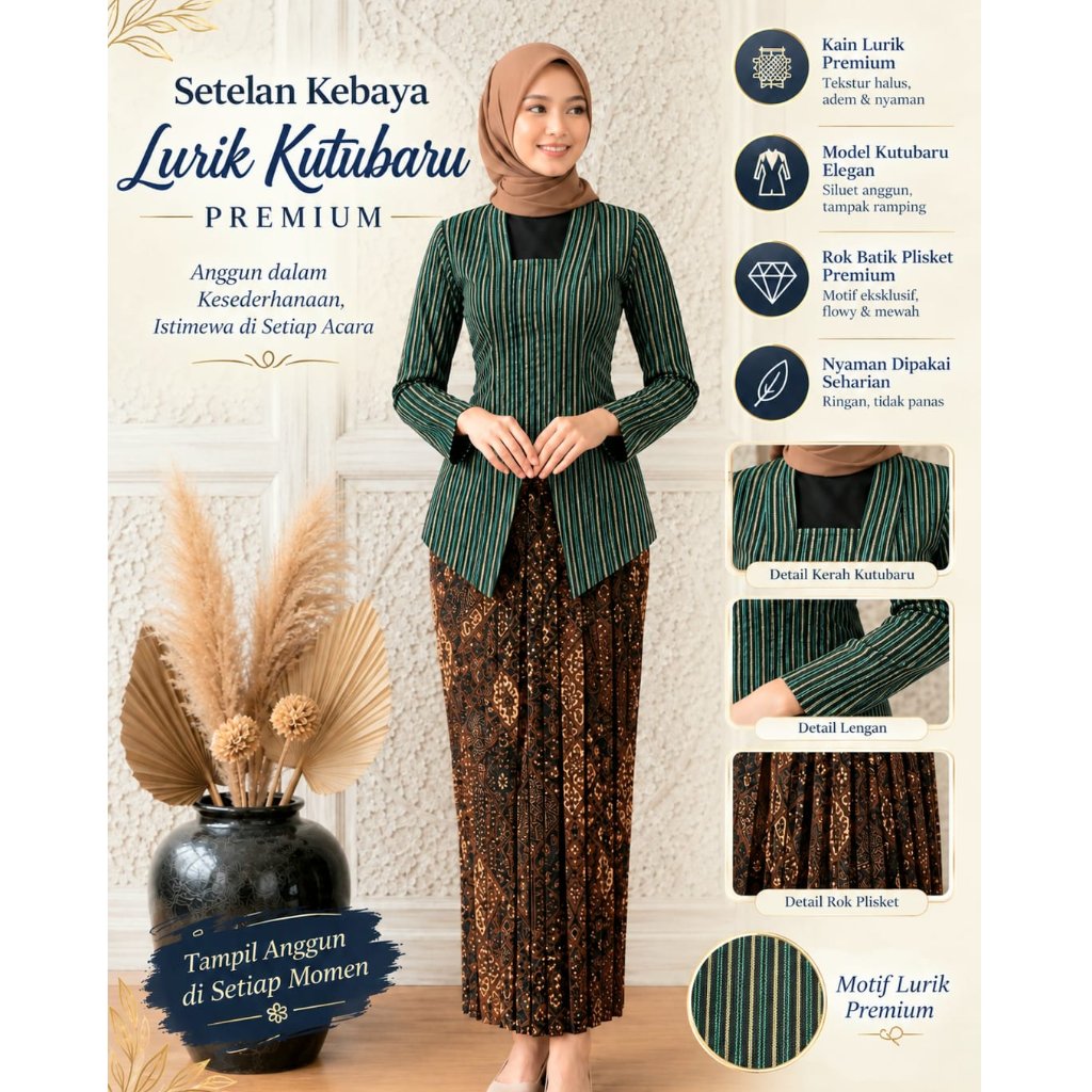 Setelan Kebaya lurik Hijau Abu dan  Rok Batik Plisket Wanita Dewasa Premium I Setelan Kebaya Lurik d