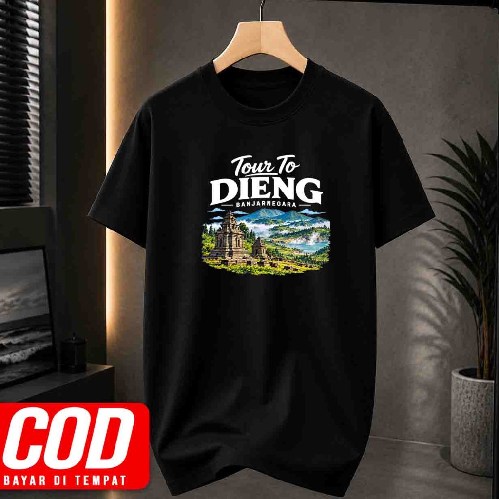 Kaos hitam Tour To DIENG Banjaregara motif pemandangan lengan pendek kasual