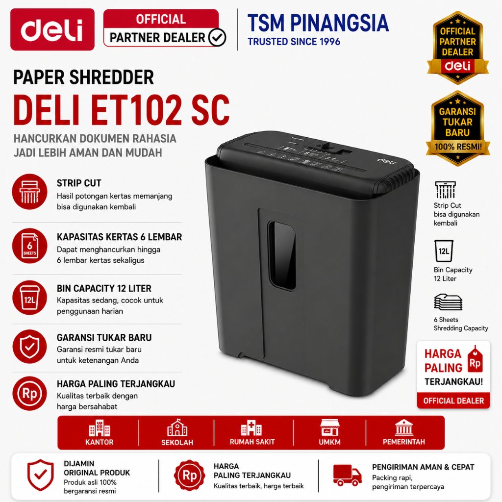Deli Paper Shredder / Mesin Penghancur Kertas 6 Lembar Kapasitas 12 Liter ET102SC / Deli ET 102 SC