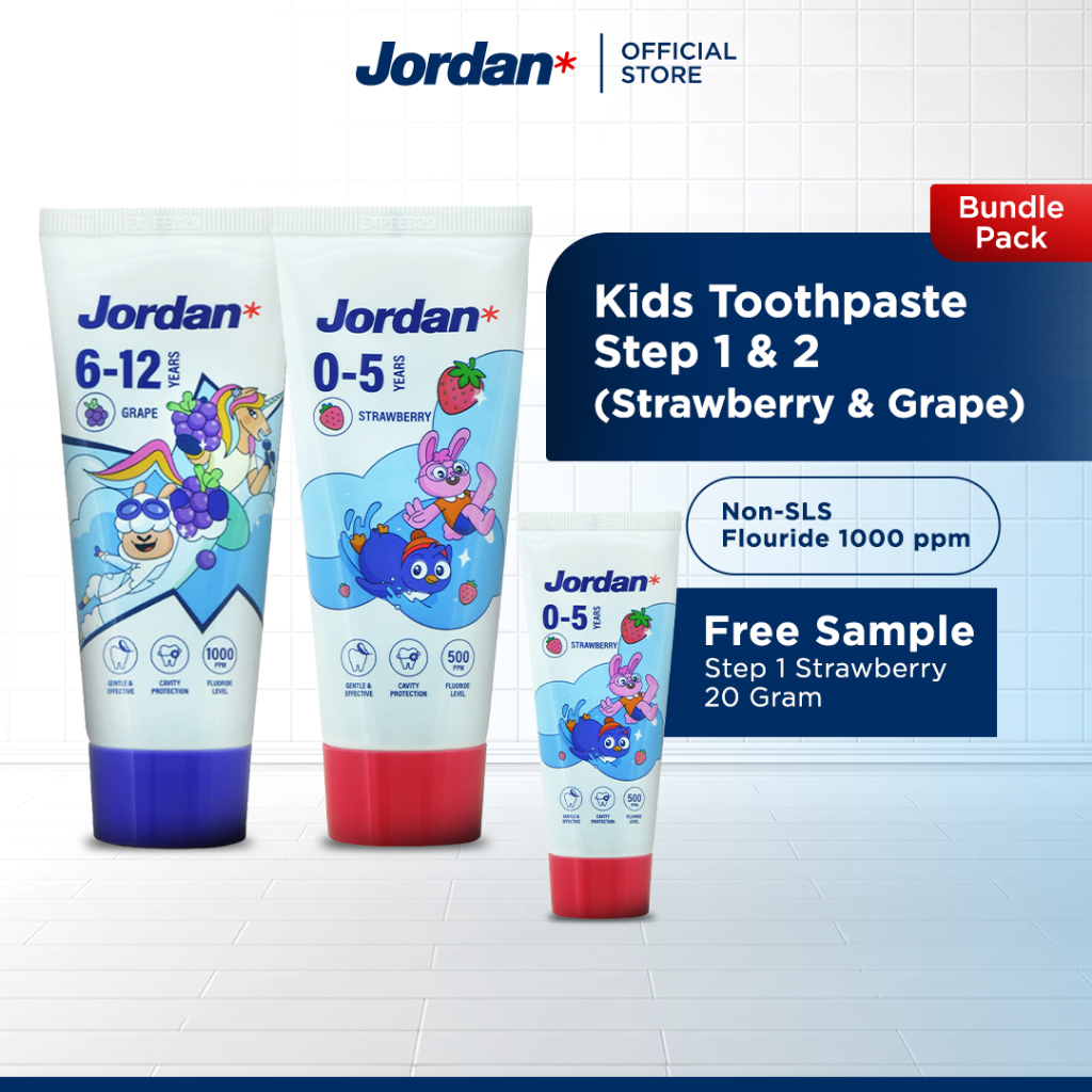 [BUNDLE FREE SAMPLE] Jordan Oral Care Kids Toothpaste Step 2 Grape & Step 1 Strawberry - Pasta Gigi 