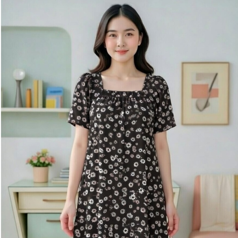 Daster Fuji Wanita Ruffle Kerut Dada Lengan Pendek Motif Bunga Adem Seharian
