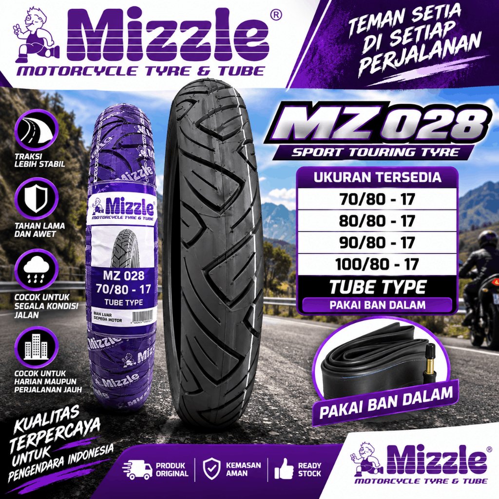 Ban Motor MIZZLE  MZ 028 70/80 80/80 90/80 100/80 Ring 17 Tubetype (pakai ban dalam) Ban Motor Ring 