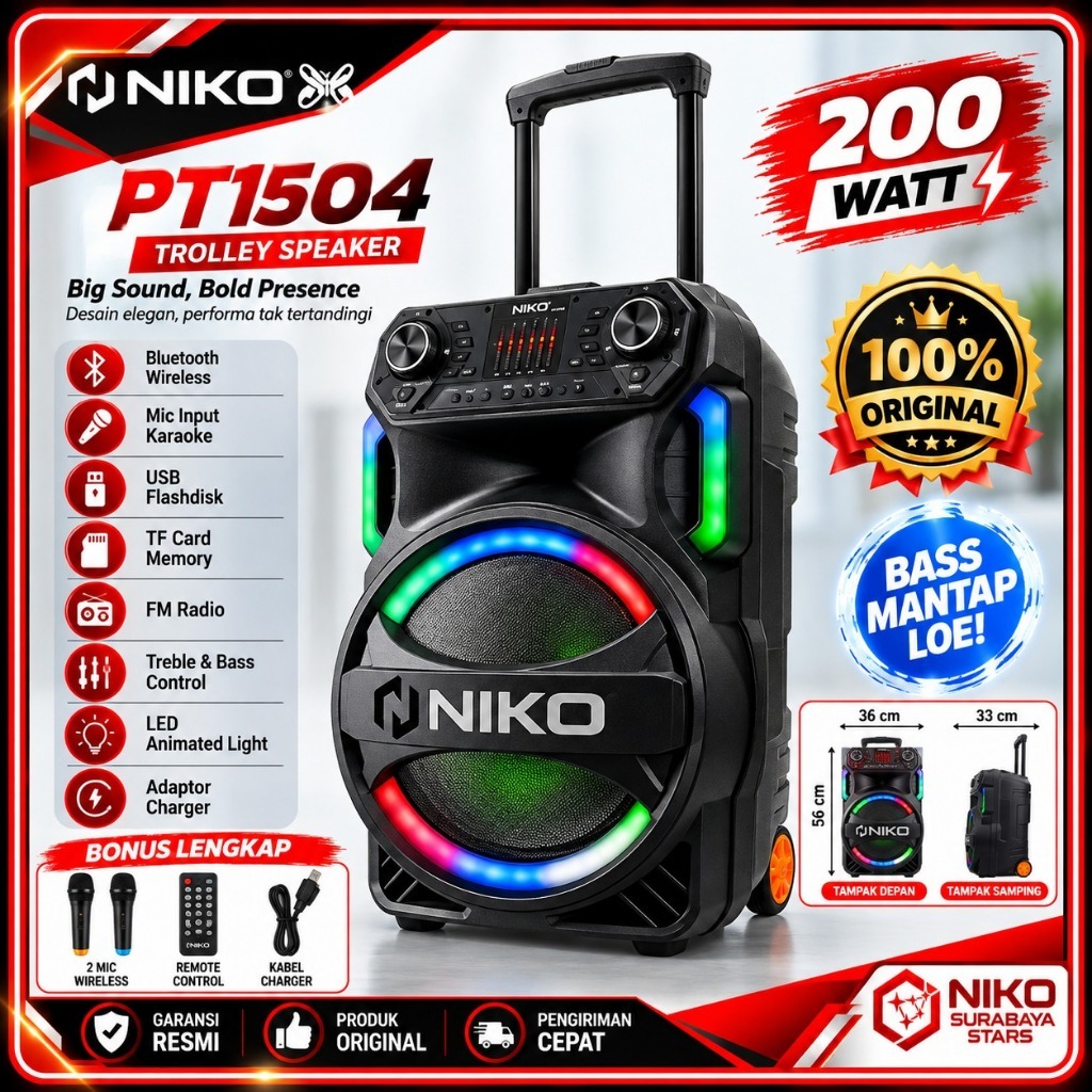 NIKO SPEAKER PORTABLE TROLI BLUETOOTH 15 INCH PT 1504 FREE 2 MIC