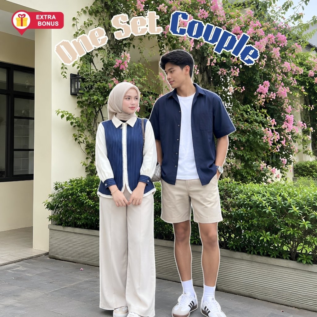 Oneset Couple Pasangan Pria Wanita (Shena Kemeja Blouse + Celana Kulot Knit + Hijab Segi Empat + Kem