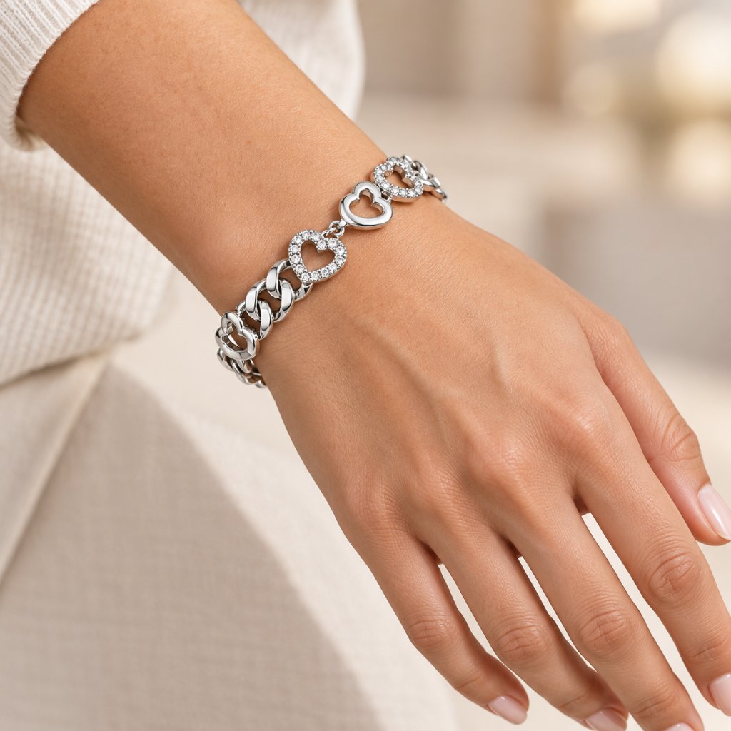YOBEL_JEWELLERY_PREMIUM - GELANG TANGAN HEART CHARM ZIRCONIA SILVER [24001780]