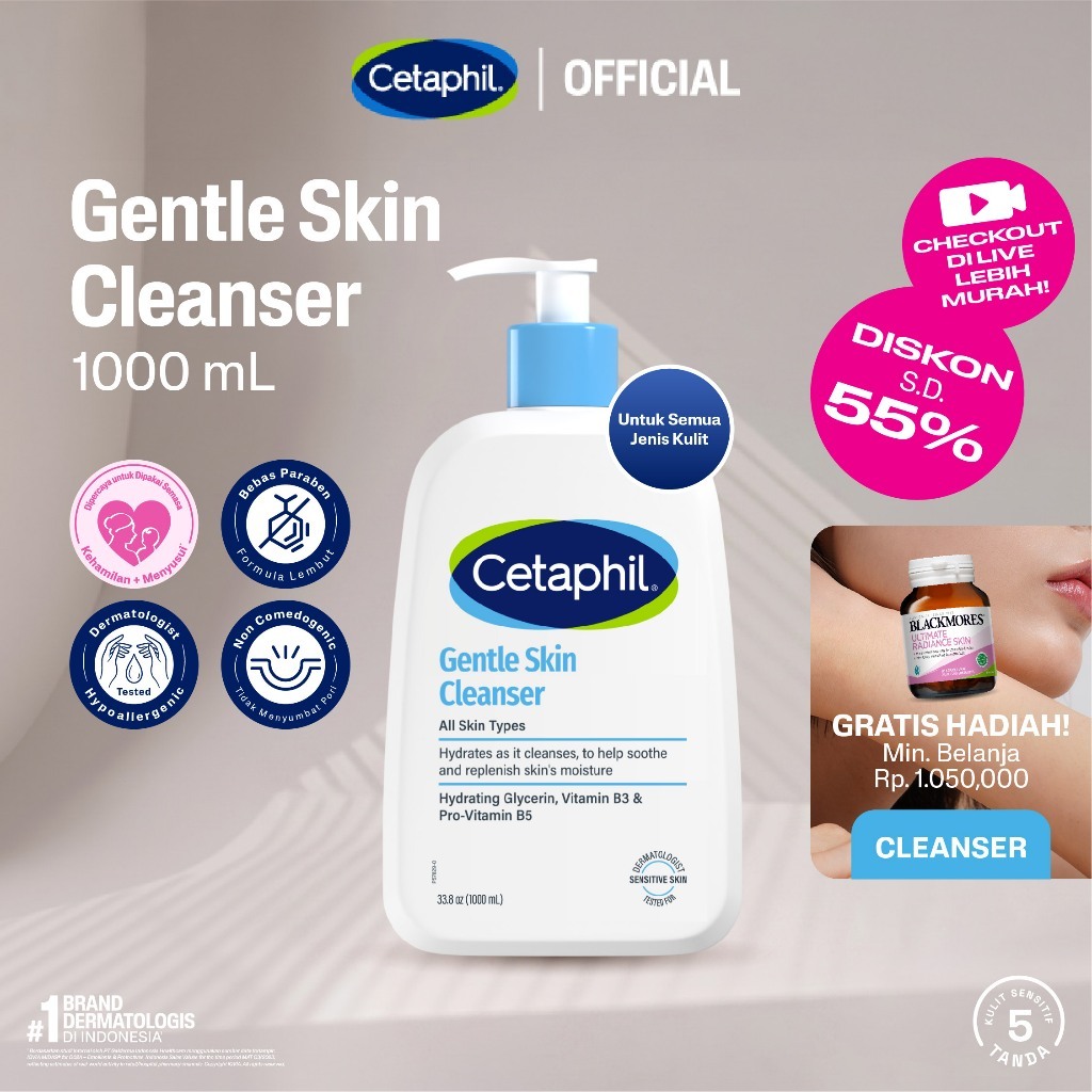 Cetaphil Gentle Skin Cleanser 1000ml dengan Niacinamide, Glycerin dan Panthenol Sabun Pembersih Muka