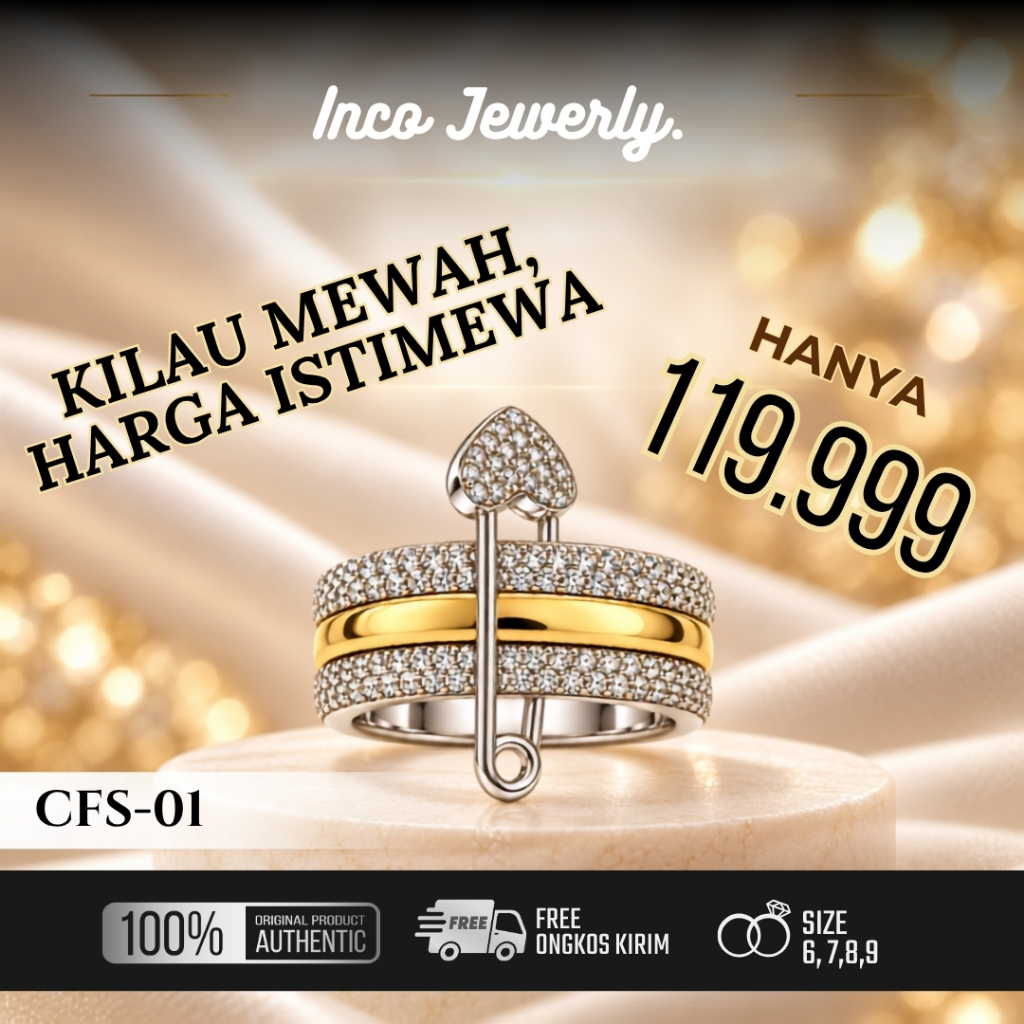 [CFS-01] Cincin Peniti 3 Layer Gold Silver Pavé Elegan Premium Fashion Jewerly CFS-01