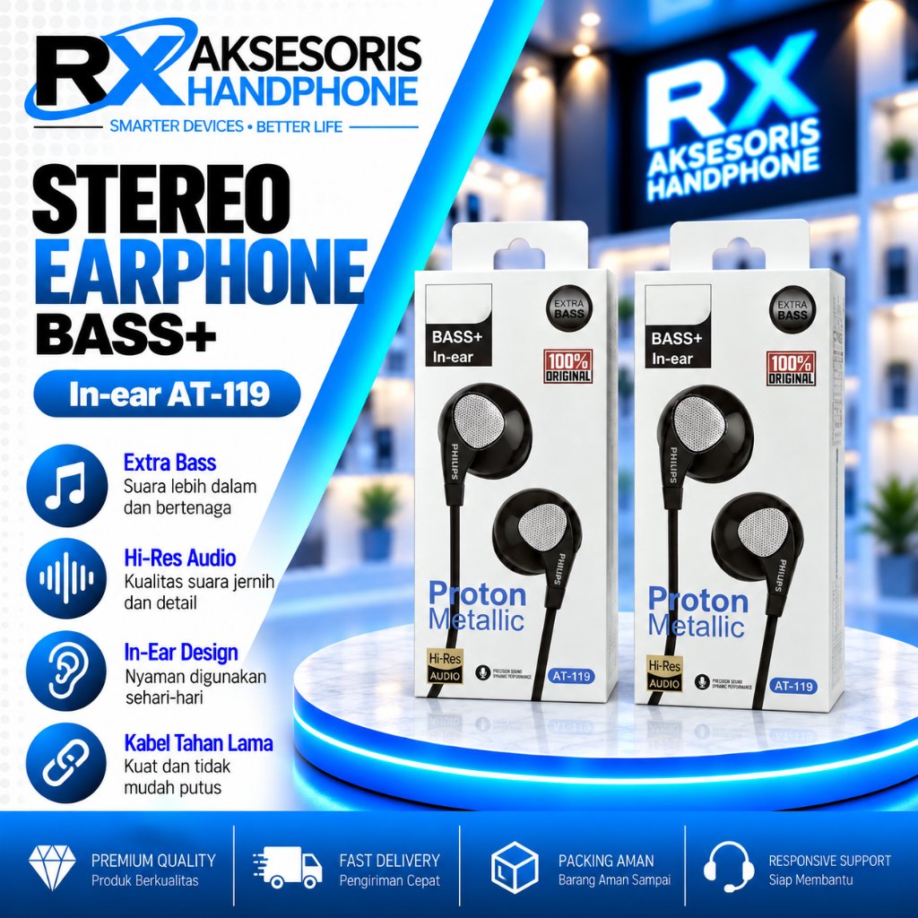 Handsfree Headset Philips AT-119 Extra Bass Stereo Dengan Mic Suara Jernih
