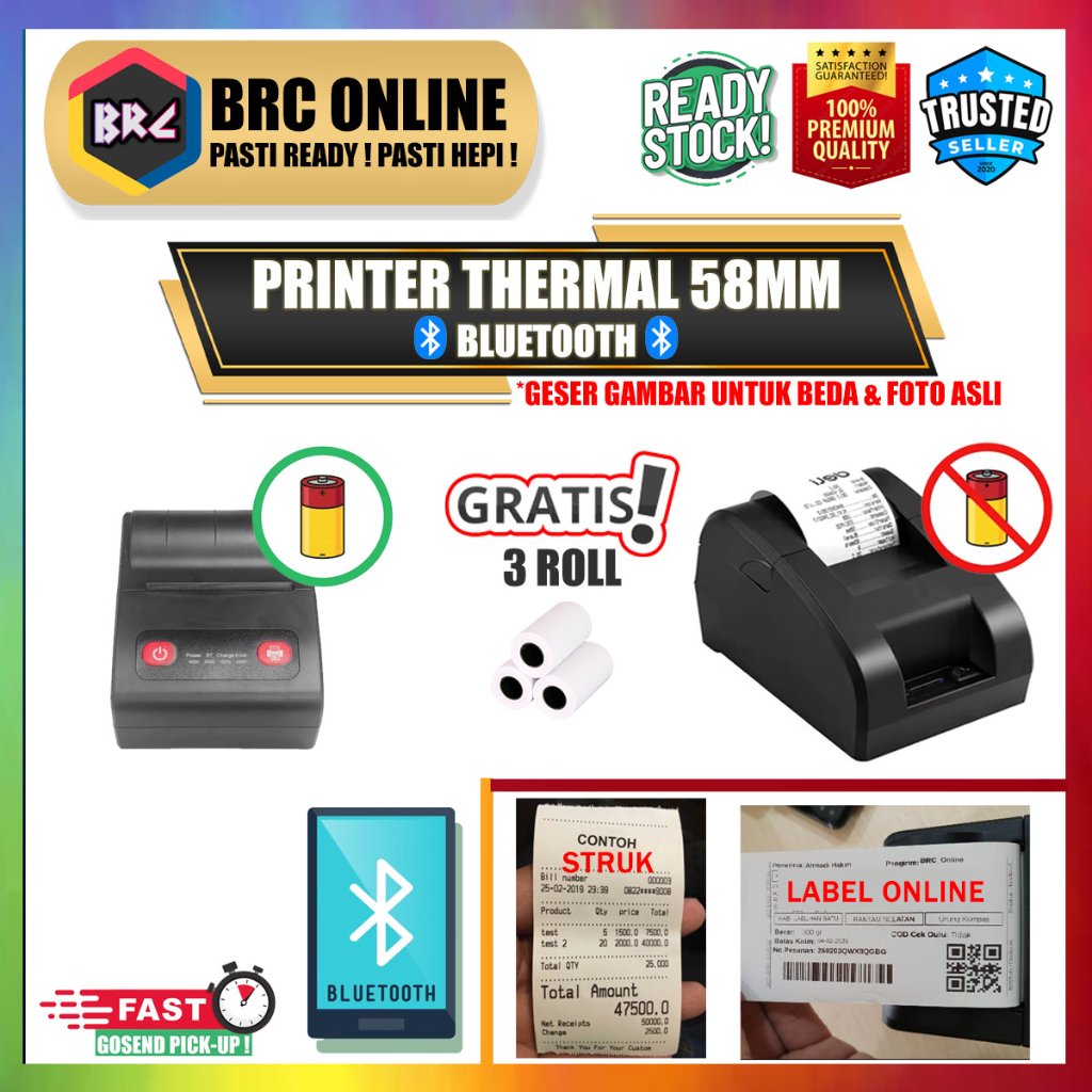 Printer Kasir Thermal Bluetooth 57mm 58mm Portable Baterai Struk Resi Brilink Cafe PPOB SPBU UMKM