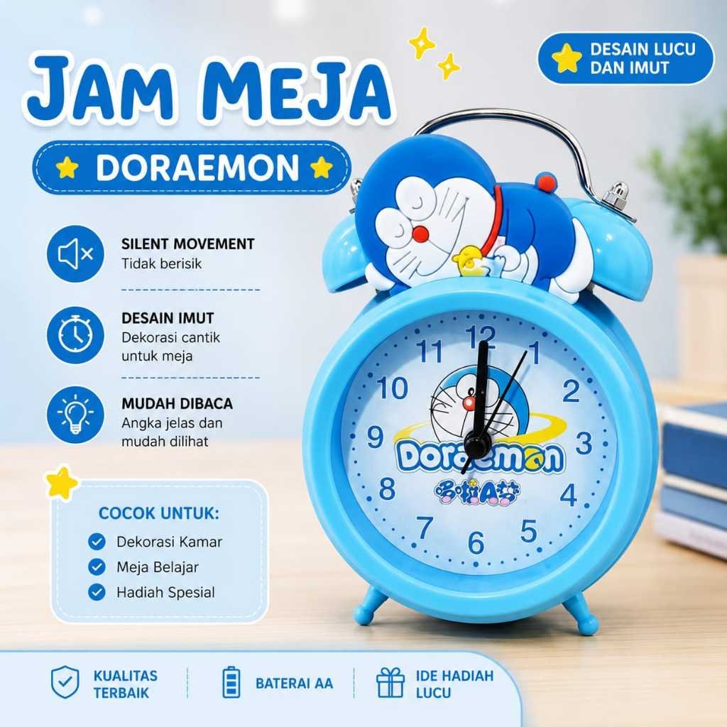 Jam Beker Weker Karakter Doraemon Biru Lucu | Jam Meja Karakter Anak Doraemon