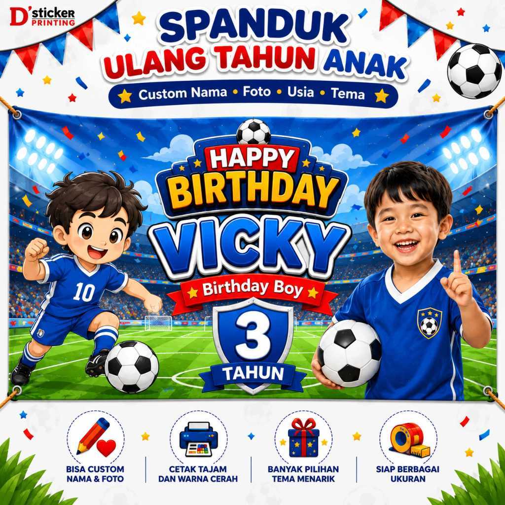 Banner Ulang Tahun Anak Tema Sepak Bola custom Free Desain