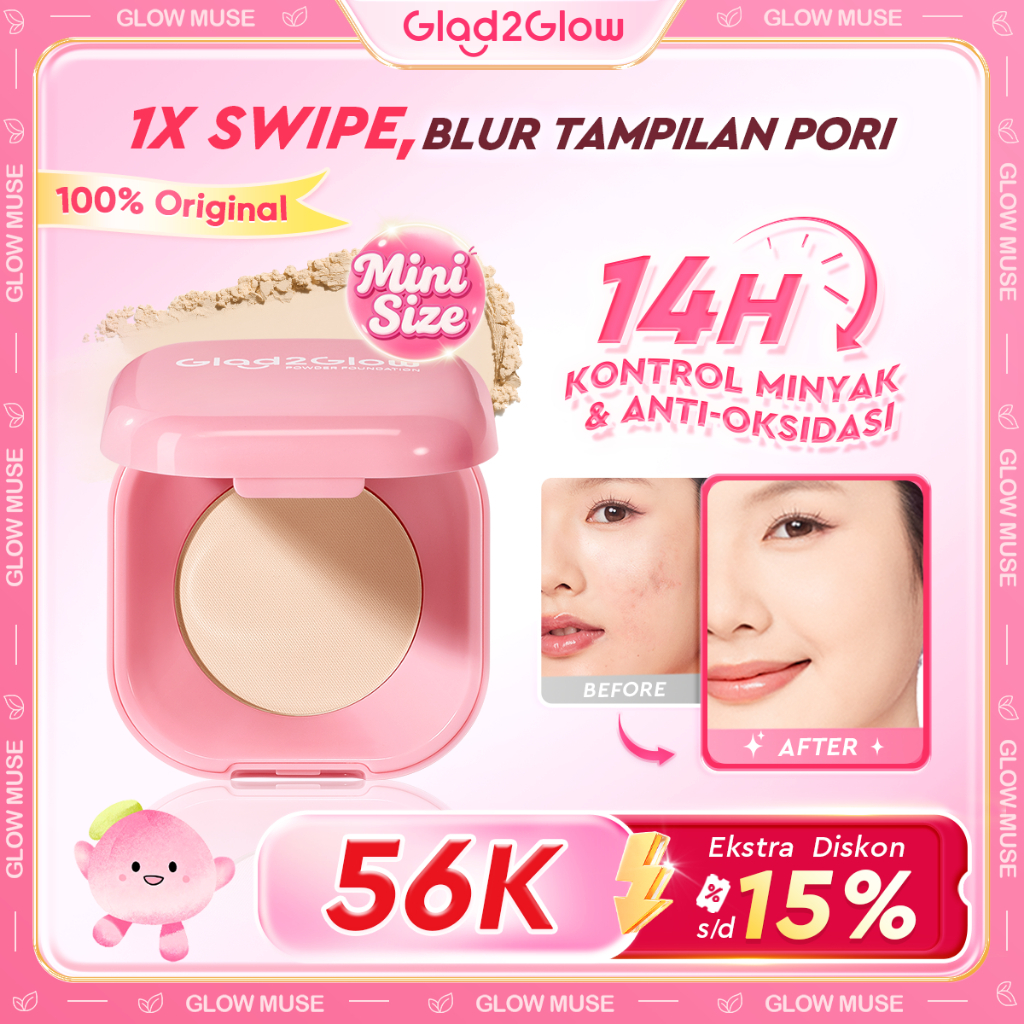 Glad2Glow PERFECT BLURRING POWDER FOUNDATION 4.5g TWC 12H Oil Control Tahan Lama Waterproof Sweatproof Transferproof Full Coverage Melembabkan Tidak Bikin Kering BPOM- g2glow official store