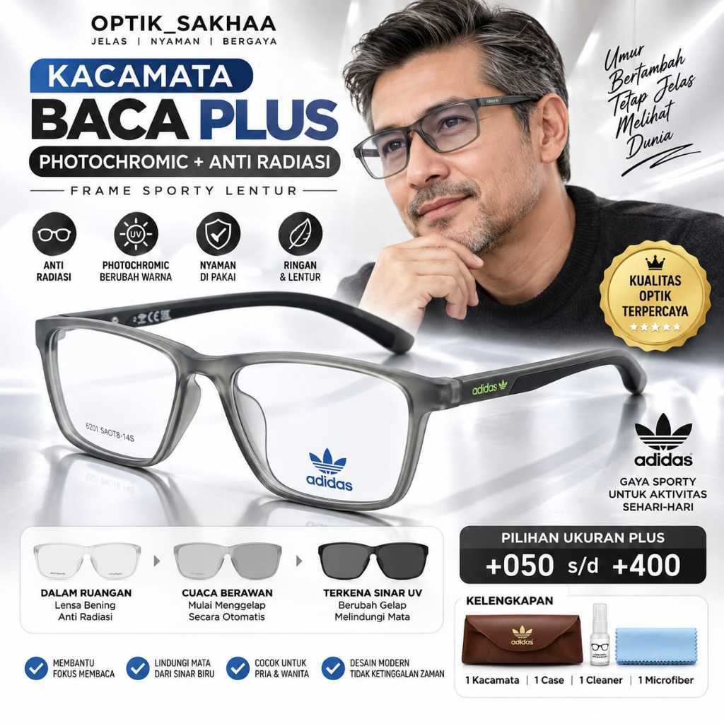 Kacamata Baca Plus Auto Focus Potochromic Anti Radiasi Pria Sporty Lentur +050 s/d +400
