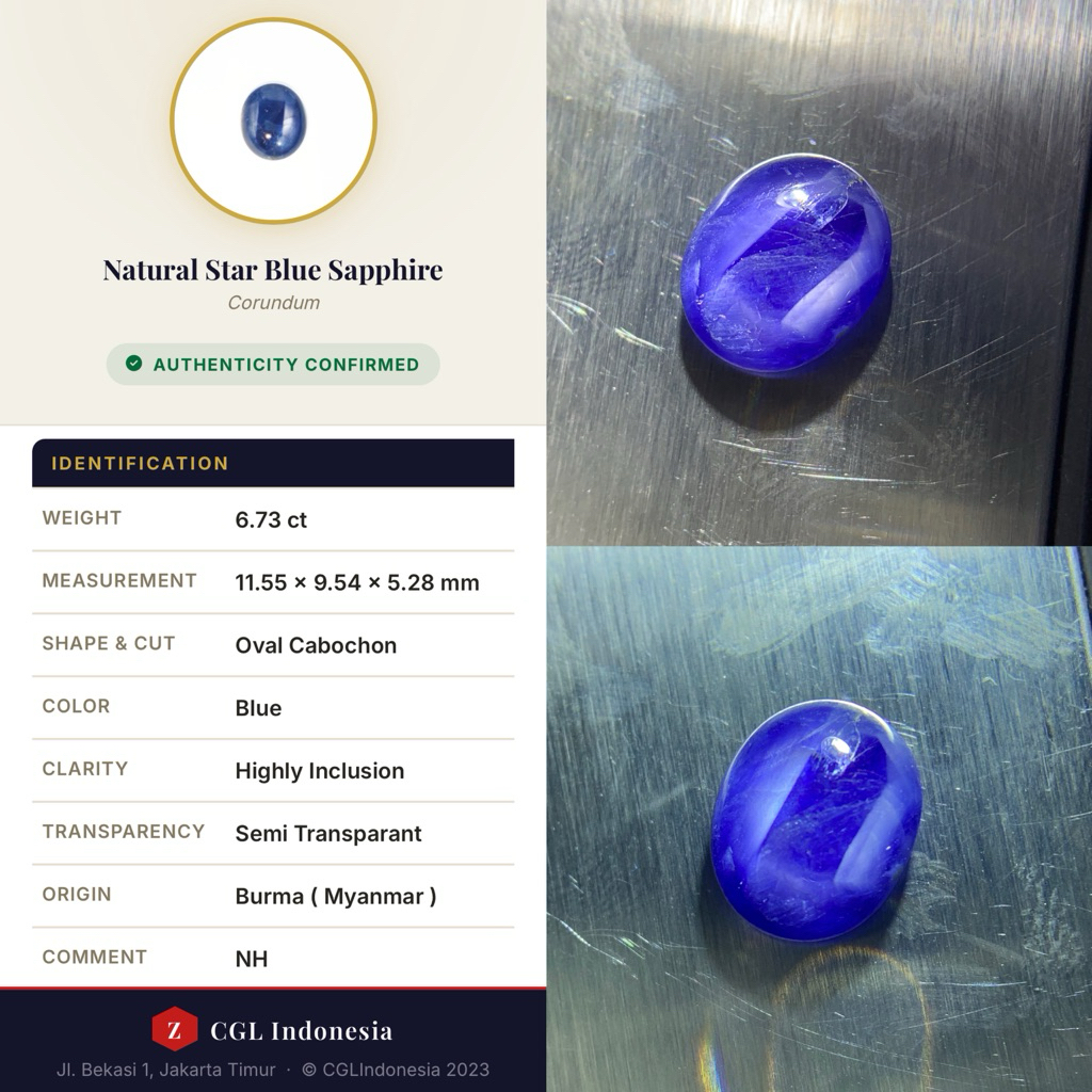 Natural Blue Sapphire 6.73 ct Sertifikat Cgl lab