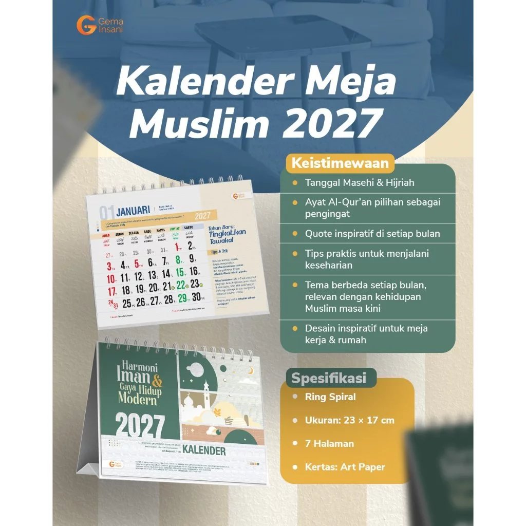 Foto Kalender Meja Muslim 2027 Tanggalan 2027 Portable Kantor Sekolah Rumah Penerbit Gema Insani Press