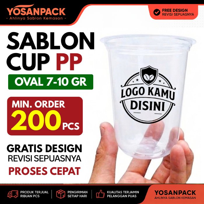 Sablon Cup Plastik Oval Gelas Minuman Boba Custom Logo 2 Sisi